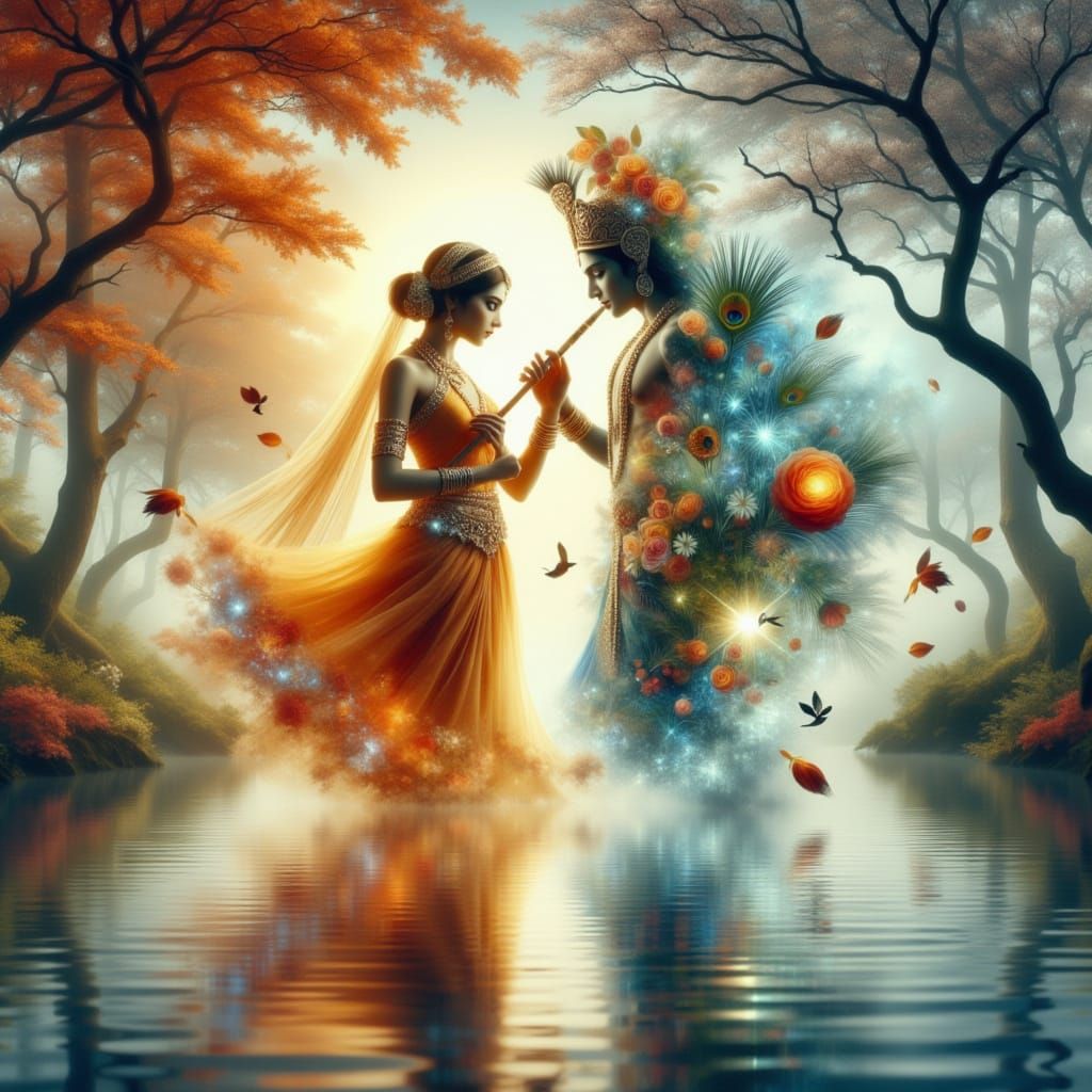 Dreamlike Double Exposure of Radha and Krishna in Nature