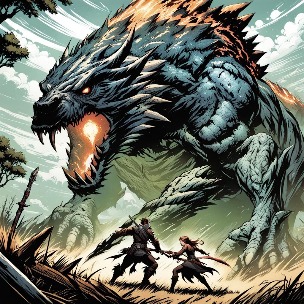 Female Monster Hunter Battles Giant Monster: Comic Book Art