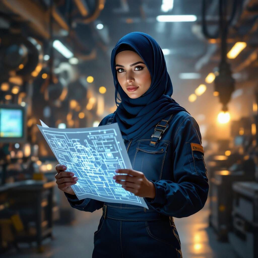 Female Engineer With Hijab In High-Tech Factory