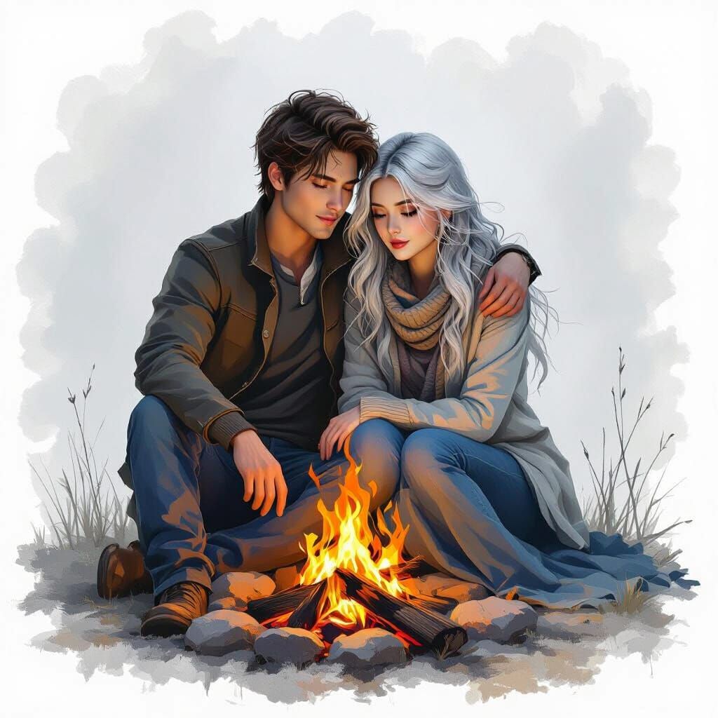 Romantic Bonfire Scene in Ethereal Fantasy Style