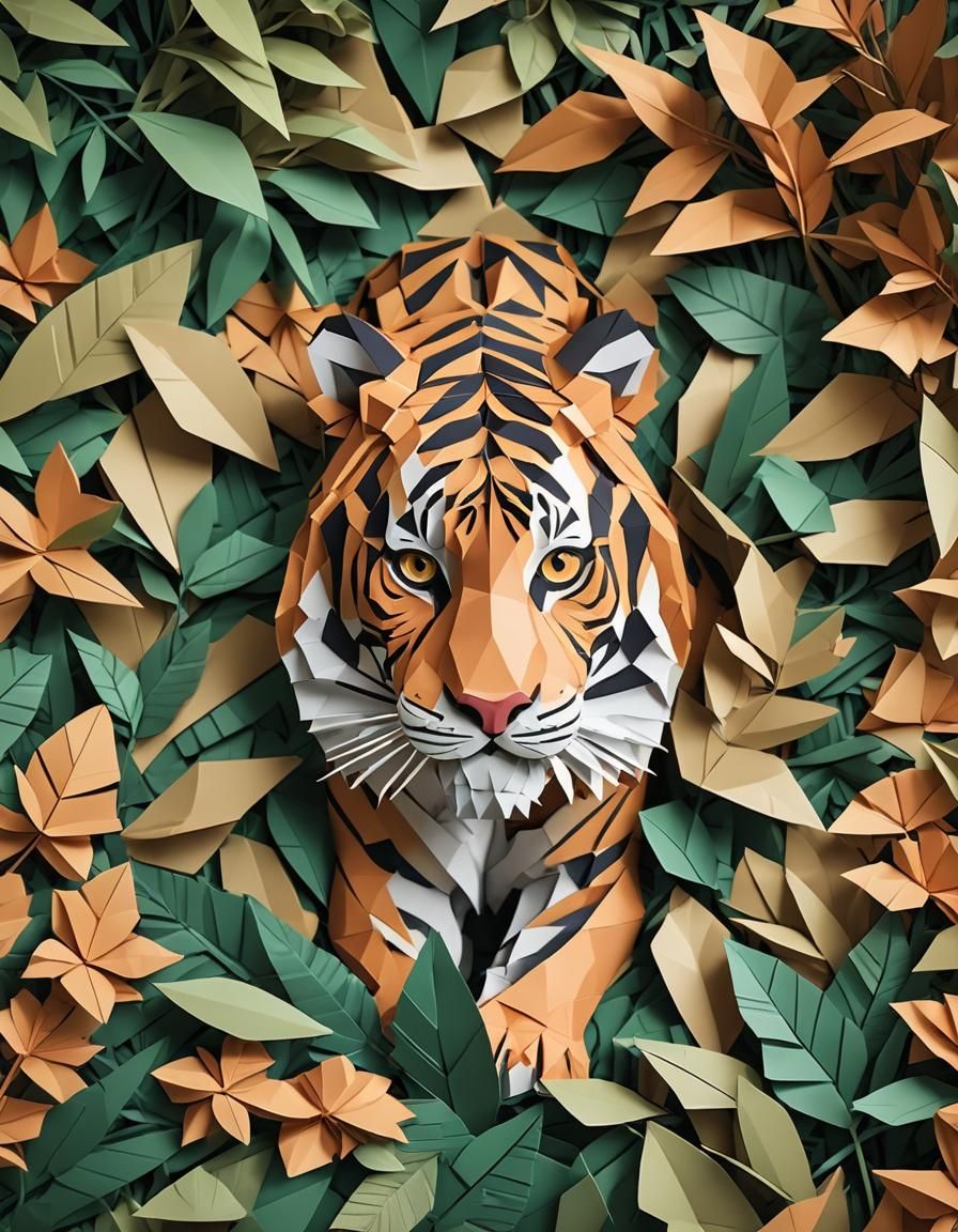 Tiger in Jungle: Origami Papercraft Style