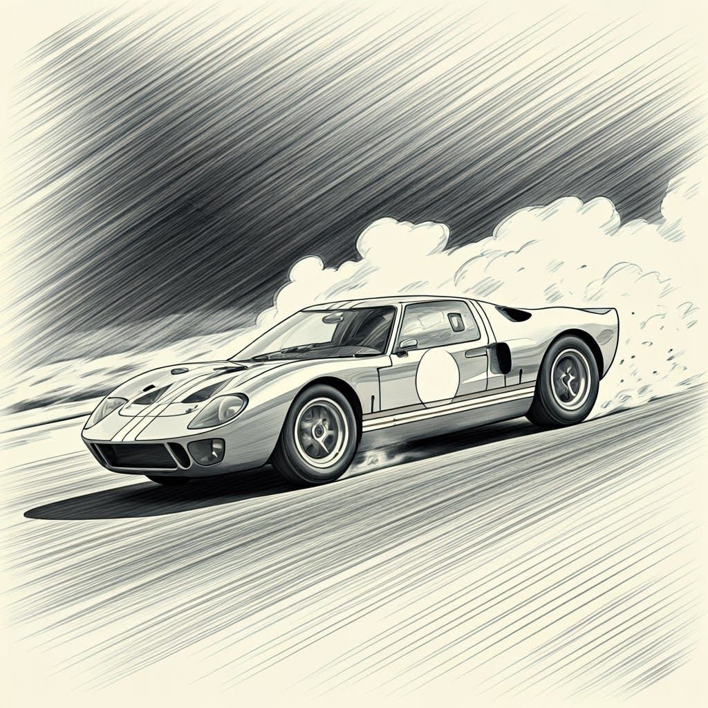 Ford GT40 Car Skidding: Detailed Pencil Sketch
