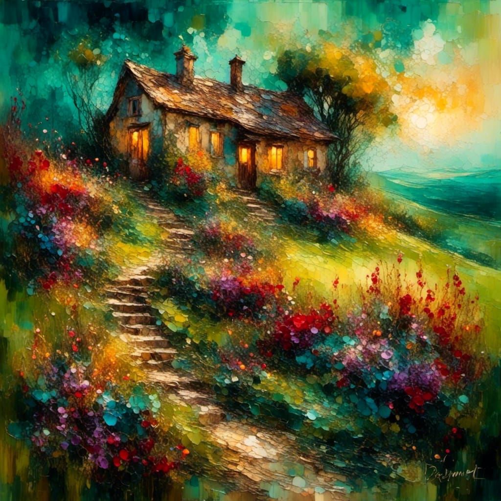 Surreal House on Hillside in Dreamlike Oil Painting
