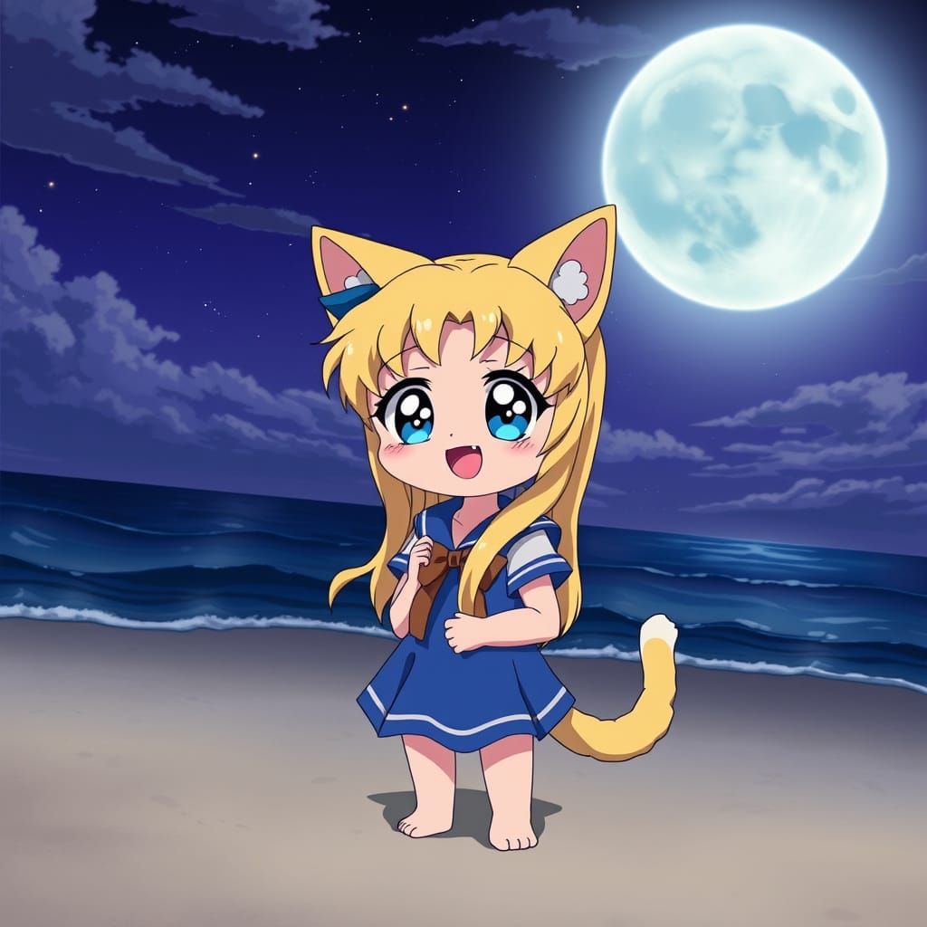 Cute Sailor Moon Catgirl Basks in 80s Anime Nighttime Sereni...