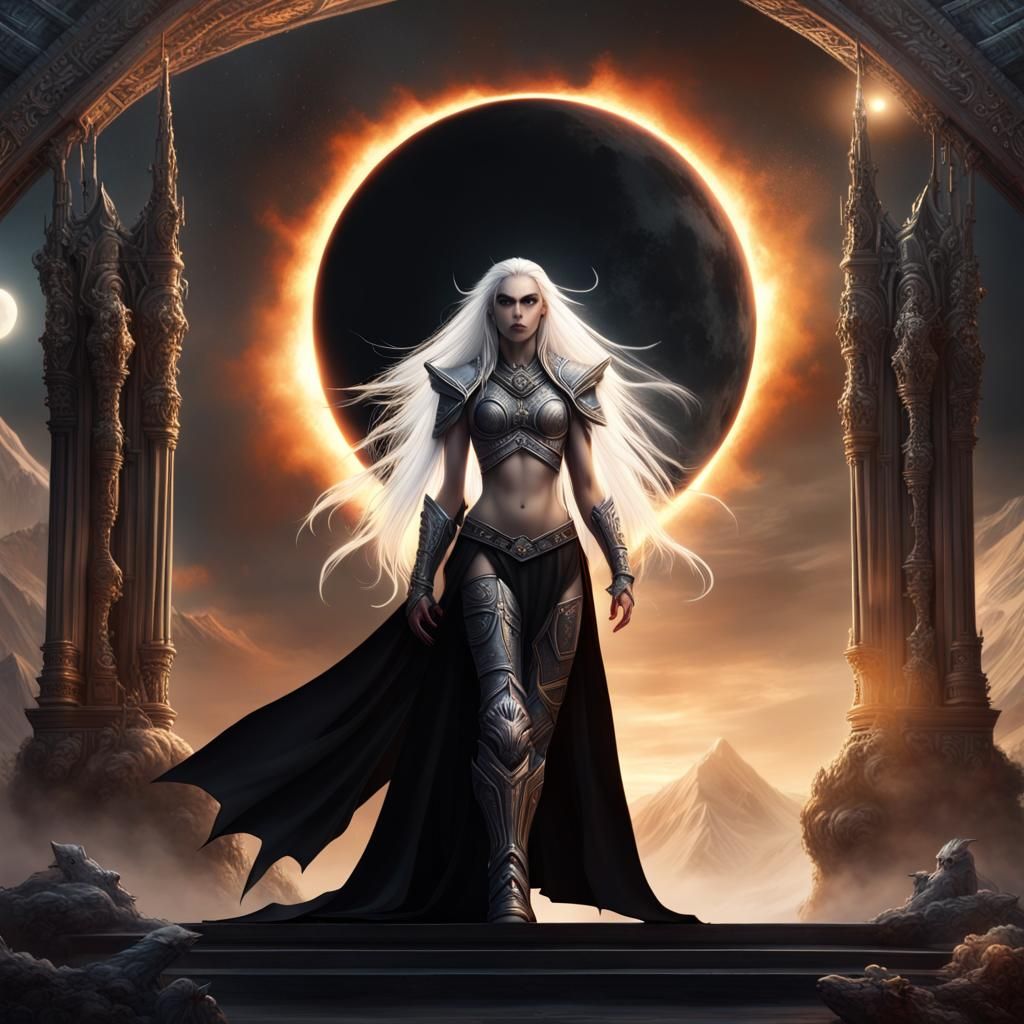 Epic Dark Elf Warrior at Altar Under Solar Eclipse