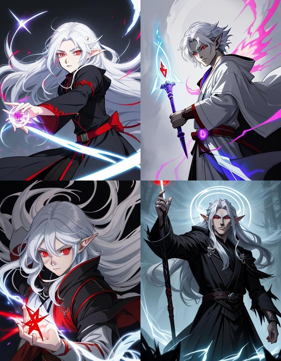Masculine Elf Mage with Red Eyes in Anime Style