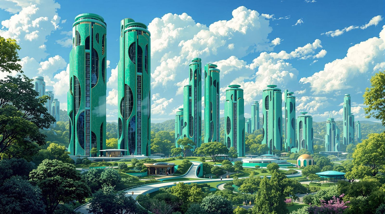 Futuristic Malachite Towers in a Klimt-Inspired Park