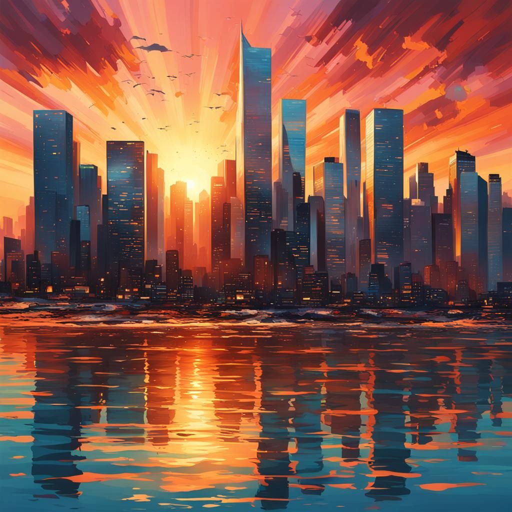 Hyperrealistic City Skyline at Sunset Splash Art