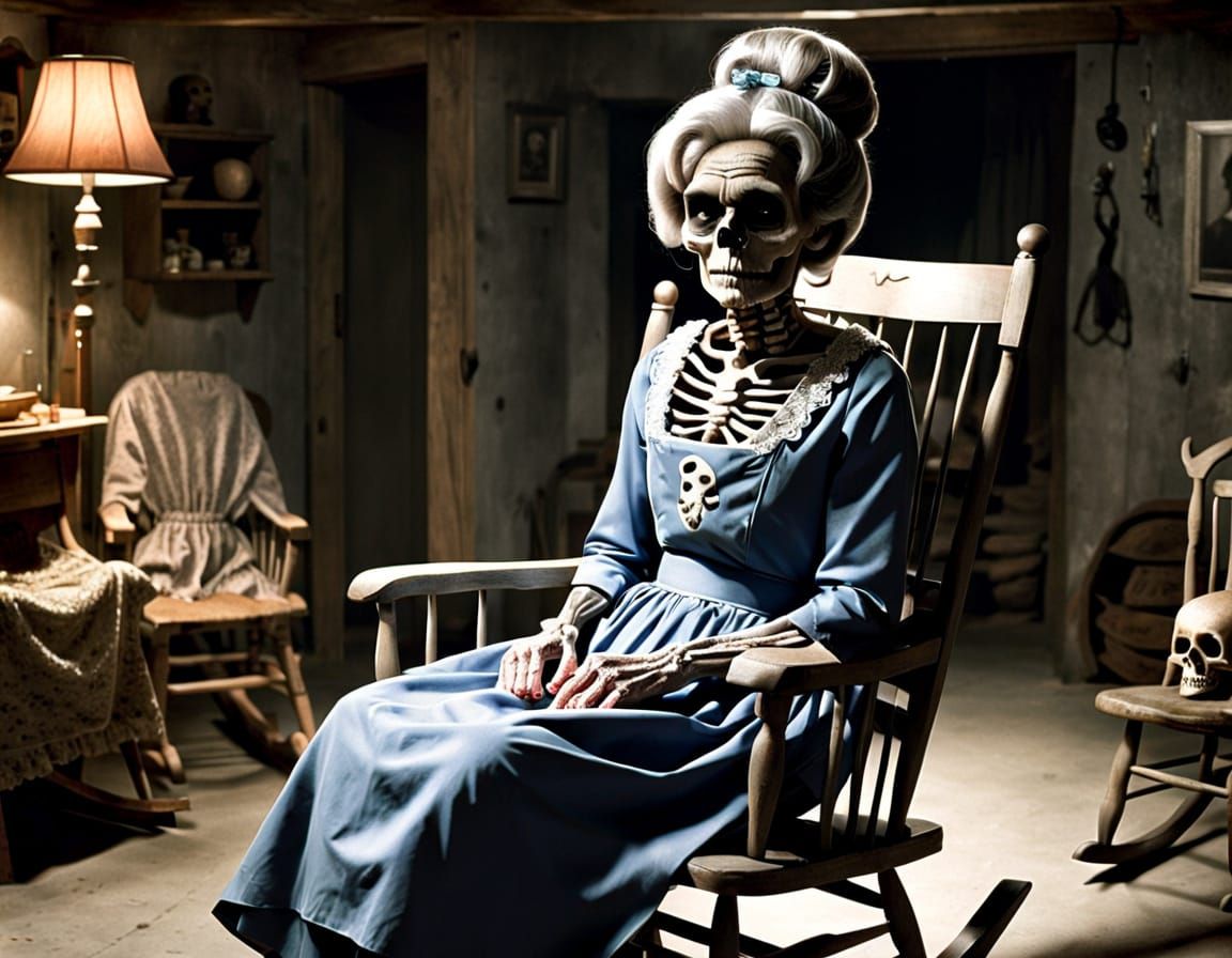 Norman Bates's mother sitting on a rocking chair, at the Bat...