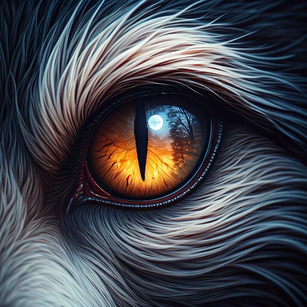 Fierce Werewolf Eye Reflecting Full Moon, Digital Art