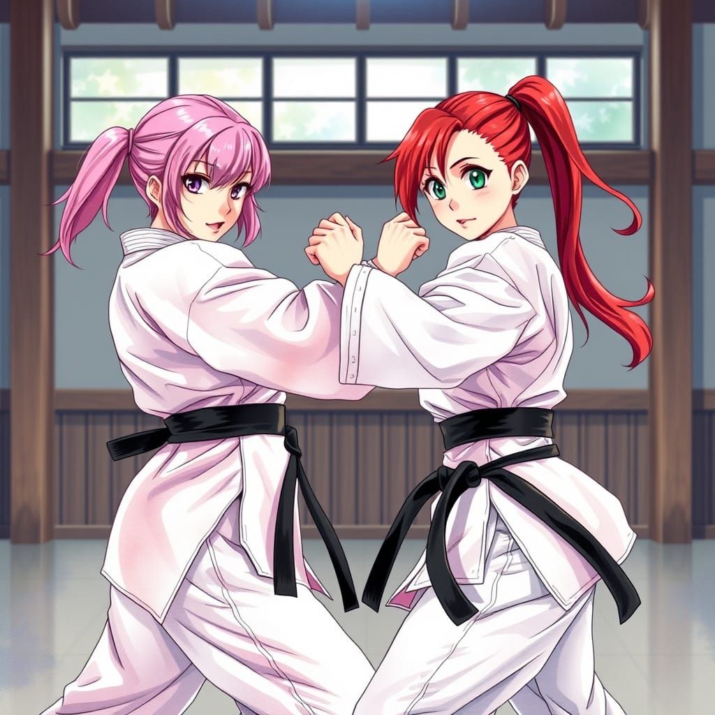 Women Sparring in Dojo: Watercolor Anime Style