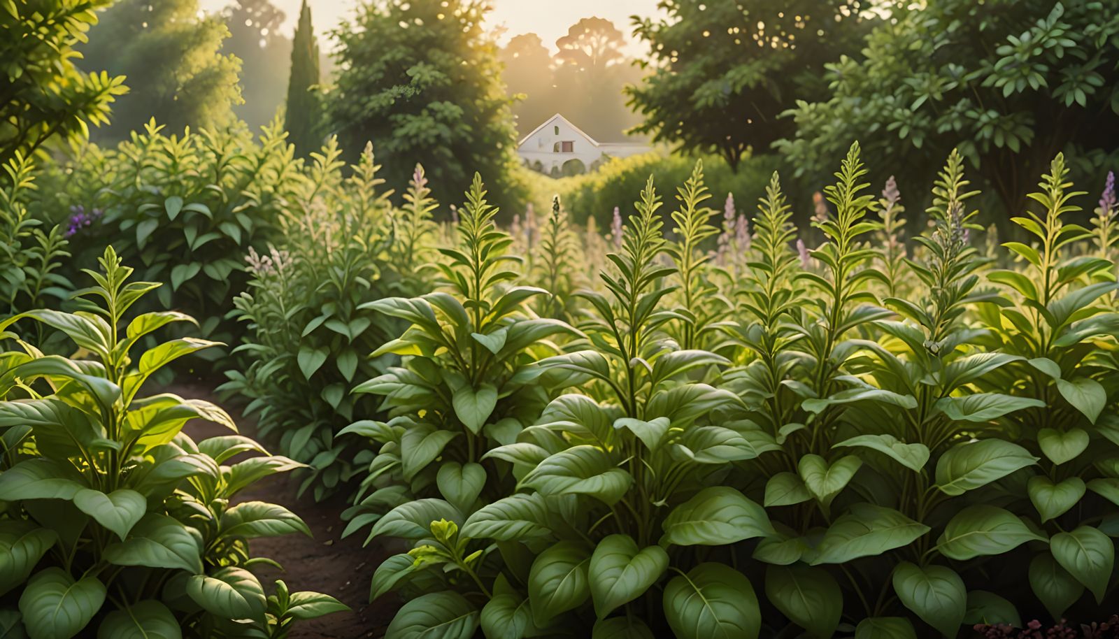 Vibrant Rows of Basil and Rosemary in Herb Garden