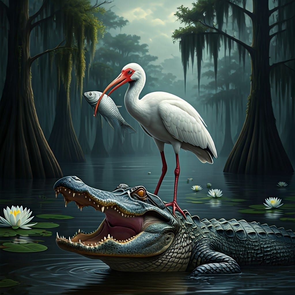 Ibis and Alligator in Eerie Swamp, Surreal Art