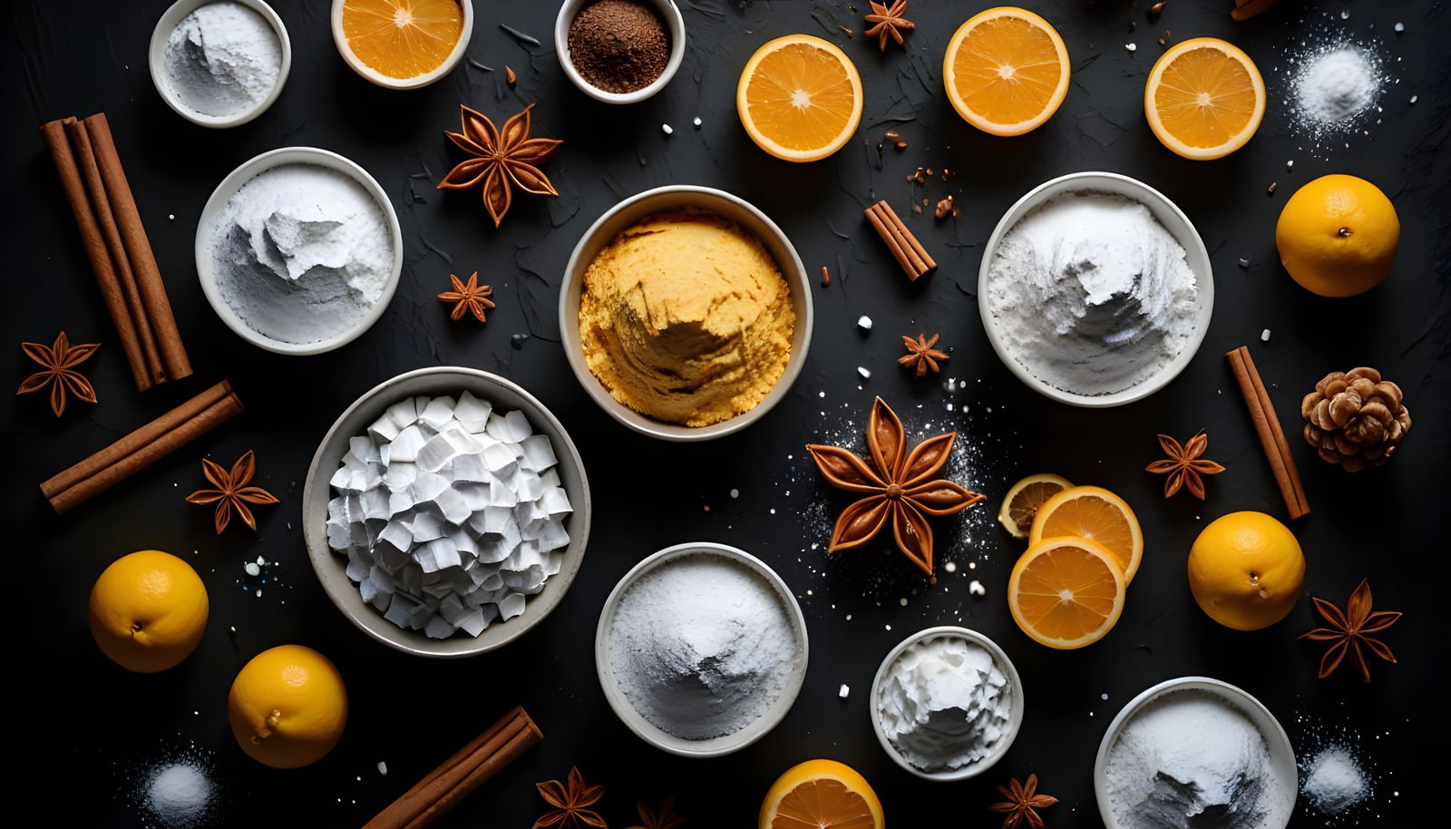 Overhead View of Baking Ingredients on Dark Background