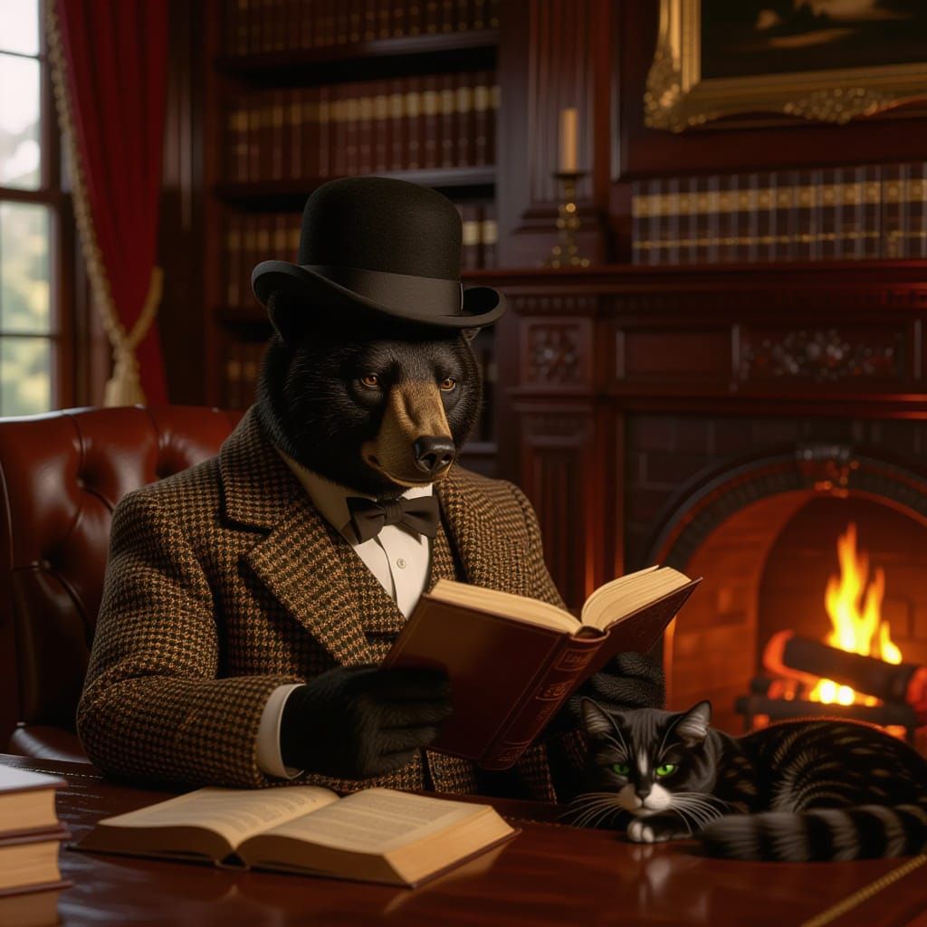 Black Bear Gentleman Reading in Cozy Study