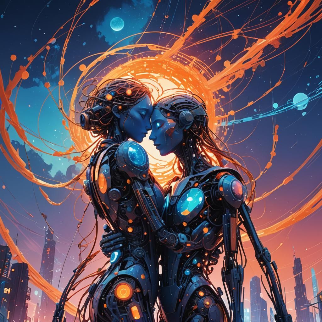 Algorithmic Love: Celestial Embrace in Digital Art