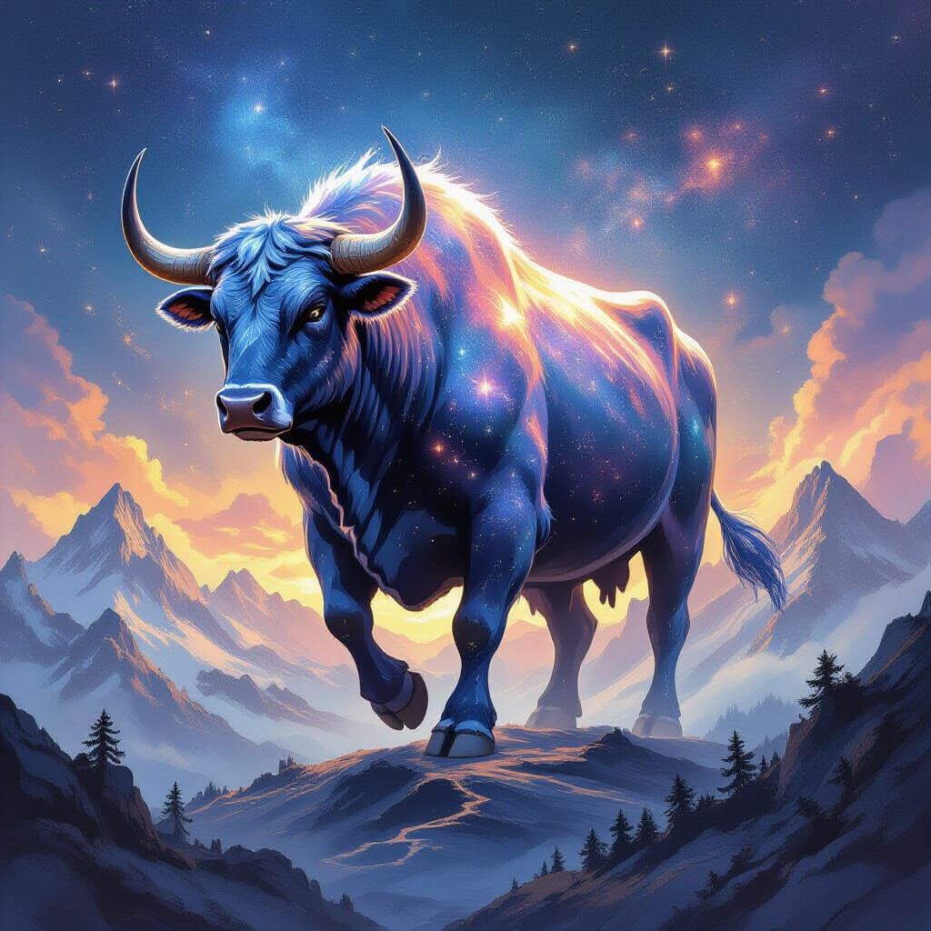 Cosmic Stardust Cow Walks Celestial Mountains