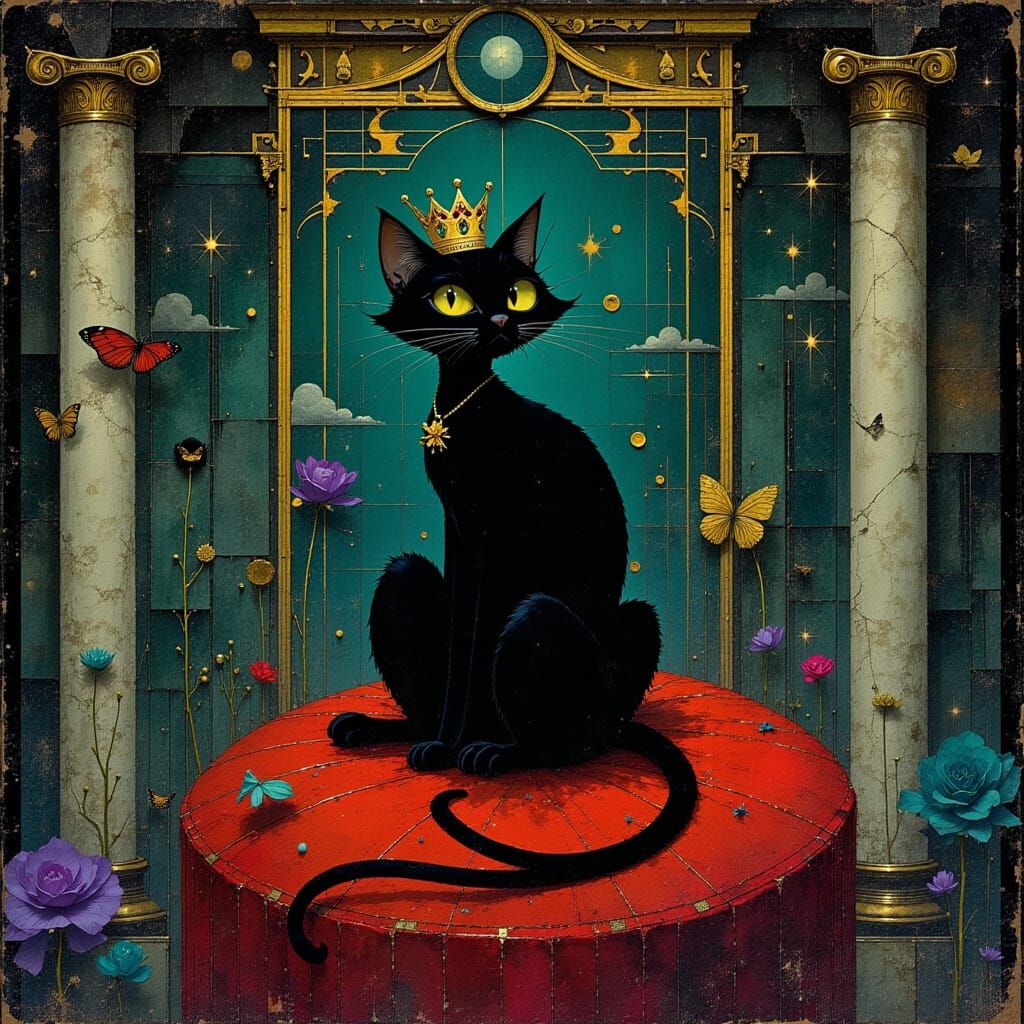 Regal Black Cat with Crown on Velvet Cushion