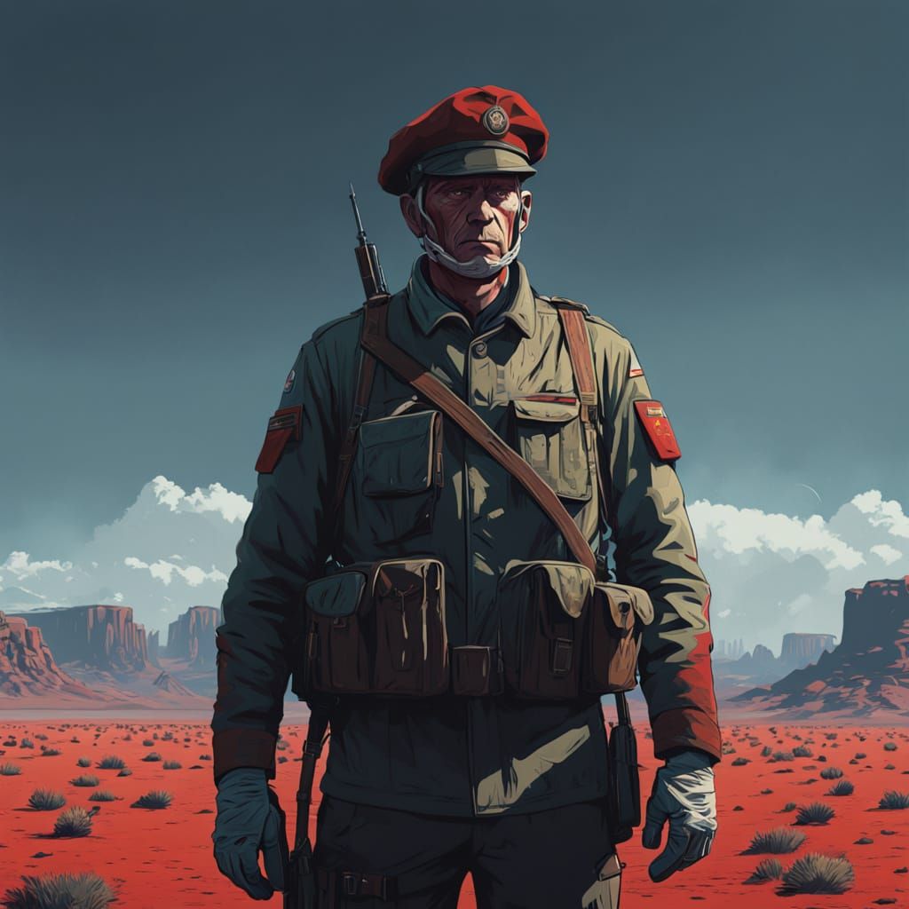 Heroic Legionnaire in Vivid Red, Against Stark Black Backgro...