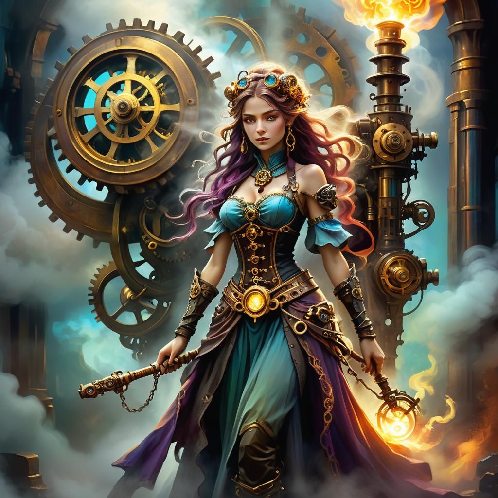 Alchemist Goddess with Steampunk Engine: Oil Painting