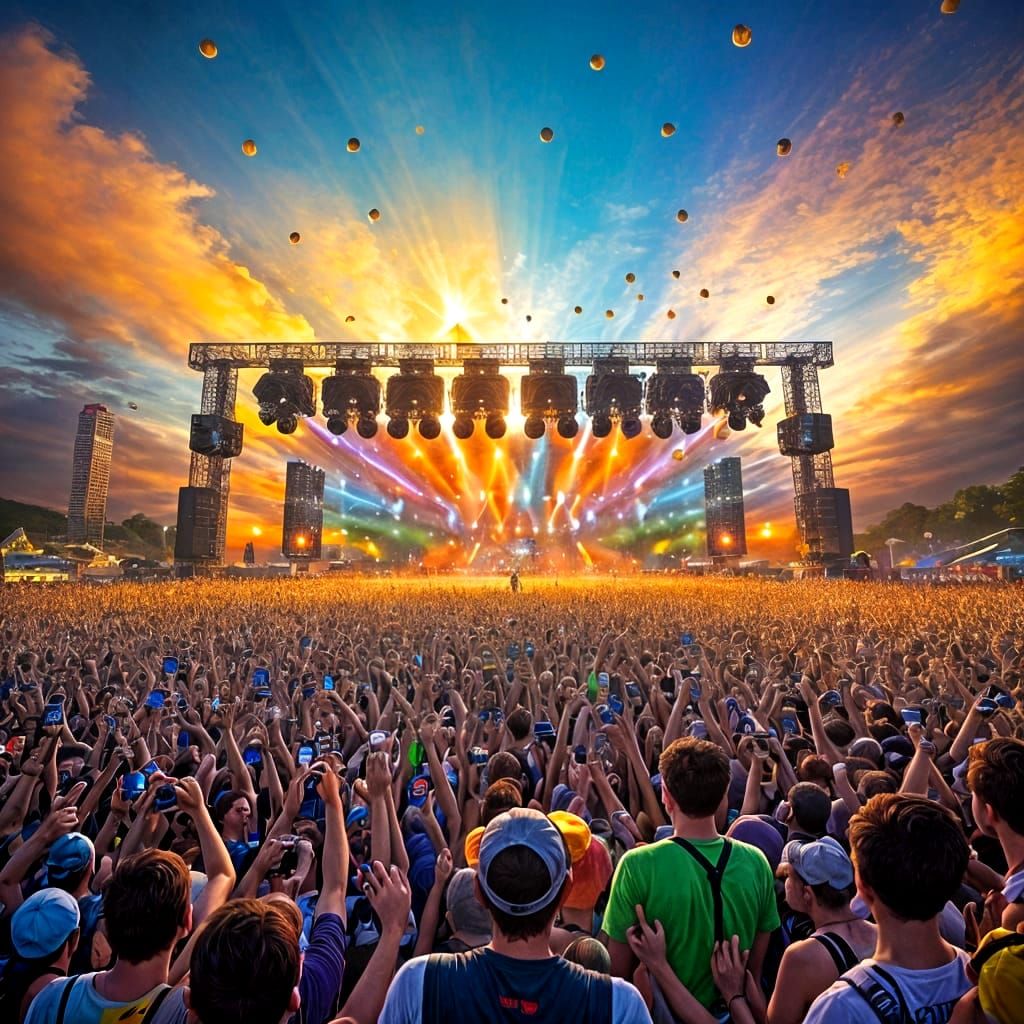 Energetic Music Festival Scene with Cheerful Crowd
