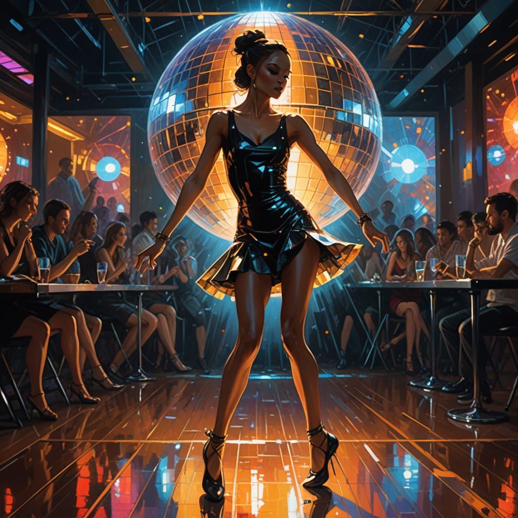 "A dancer in a night club" DJ, glowing stage lights in front...