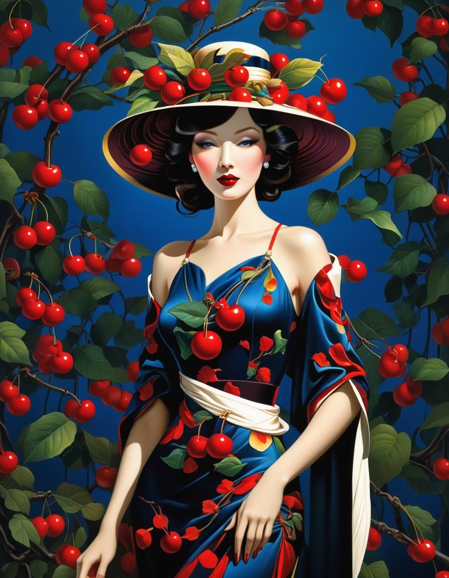 Cherry Woman Portrait in Art Nouveau Style
