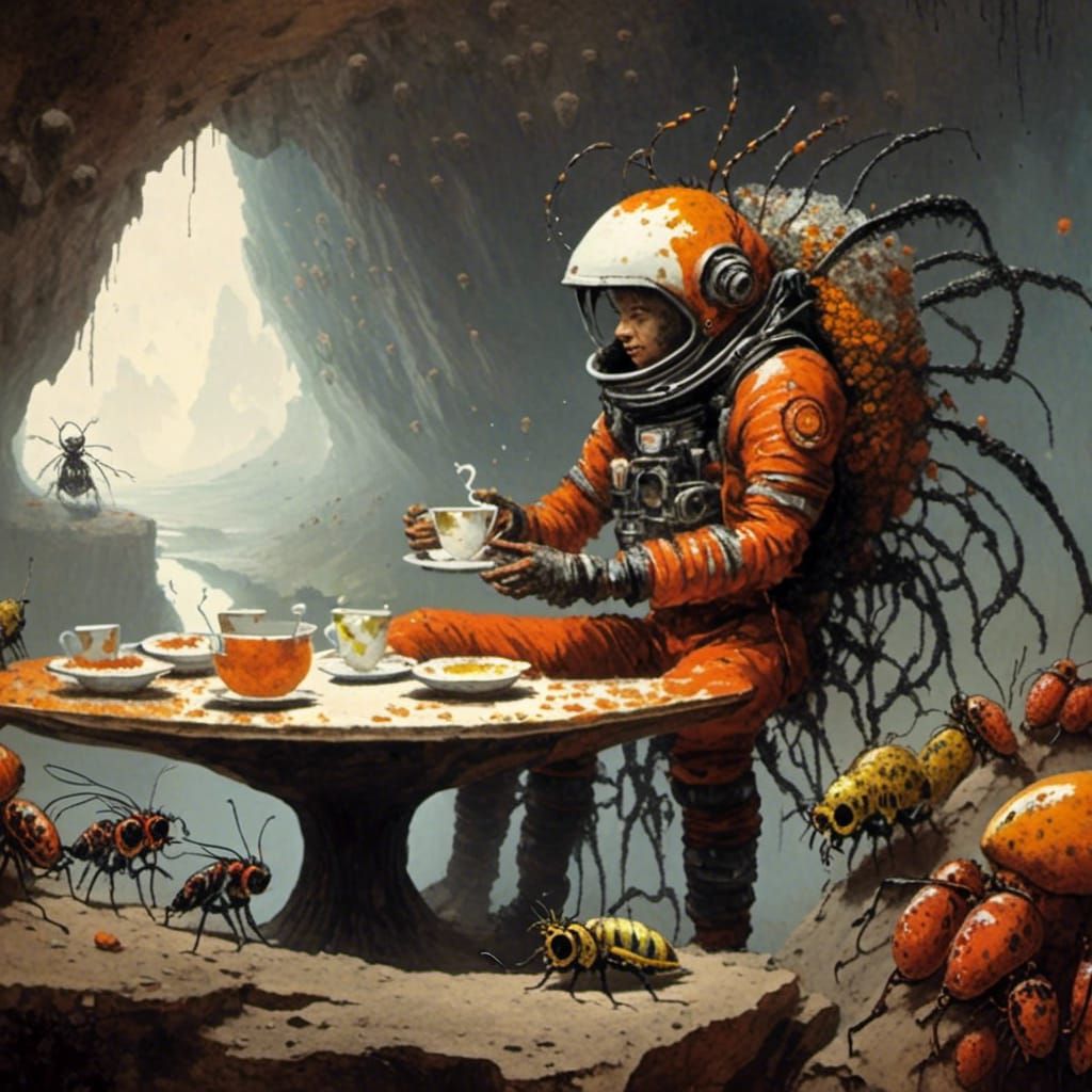 Astronaut's Tea Party with Bug Aliens