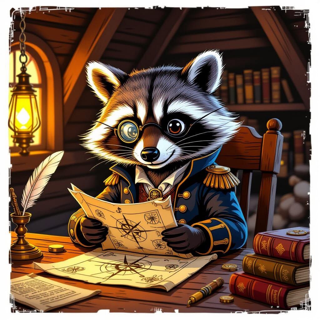 Raccoon Pirate Examines Treasure Map, Hand-Drawn Illustratio...