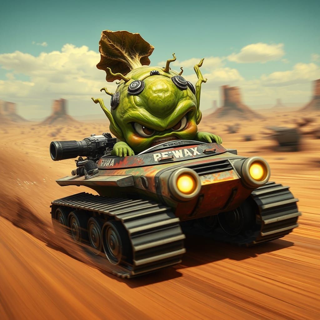 Chibi Brussel Sprout Races in Mad Max Style Tank