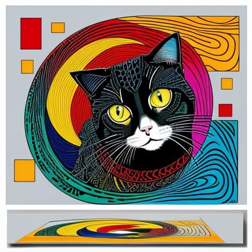 colorful woodblock cat painting, style of Piet Mondrian.
