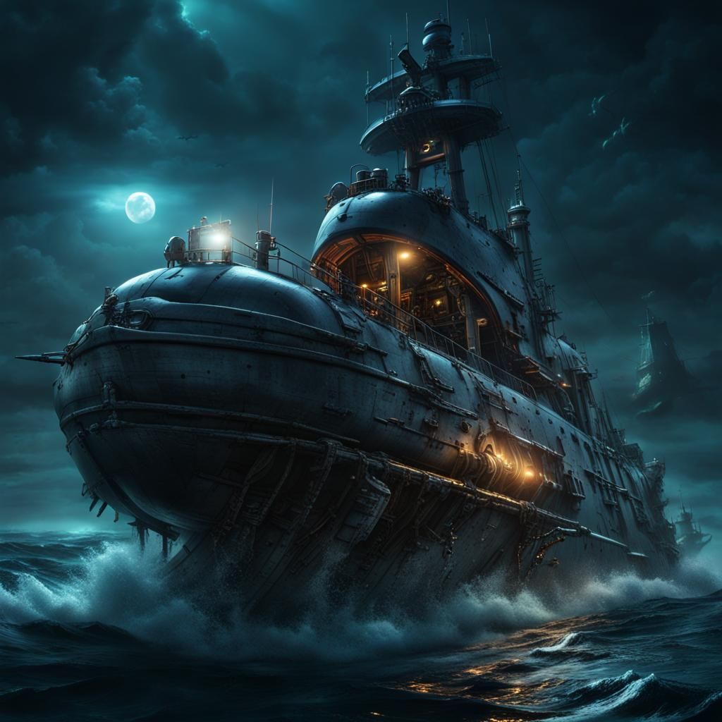 Pirate Submarine Emerges at Night: Fantasy Concept Art