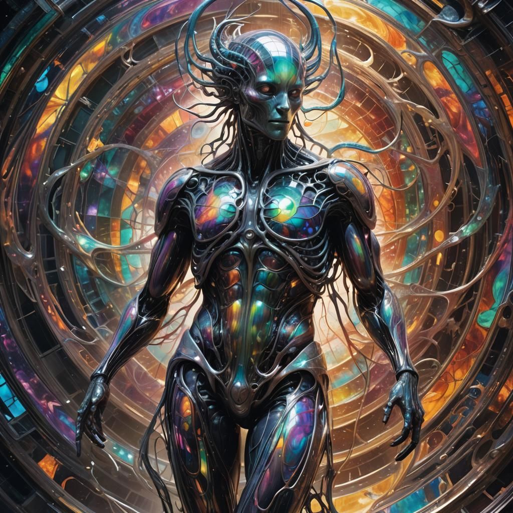 Ethereal Humanoid Transformation in Biomechanical Art Style