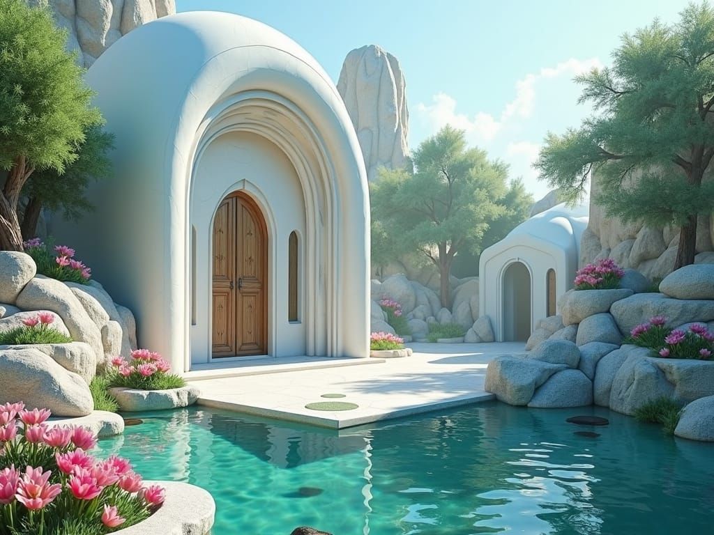 Mystical Desert Temple Garden Oasis in Fantasy Style