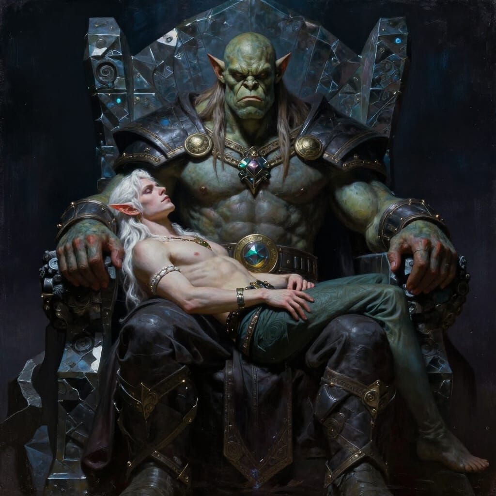 Orc Warlord and Elf on Obsidian Throne