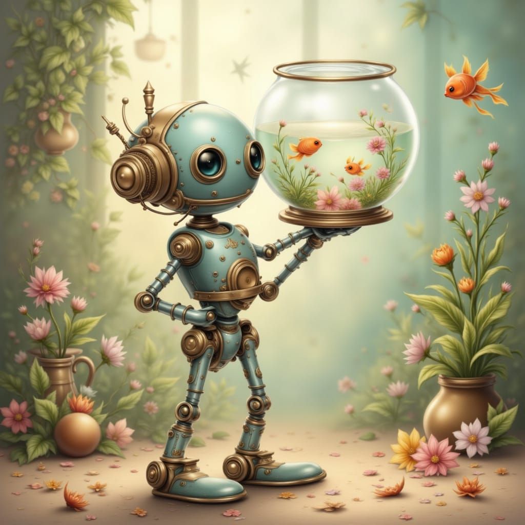 Cute Robot Holding a Fishbowl
