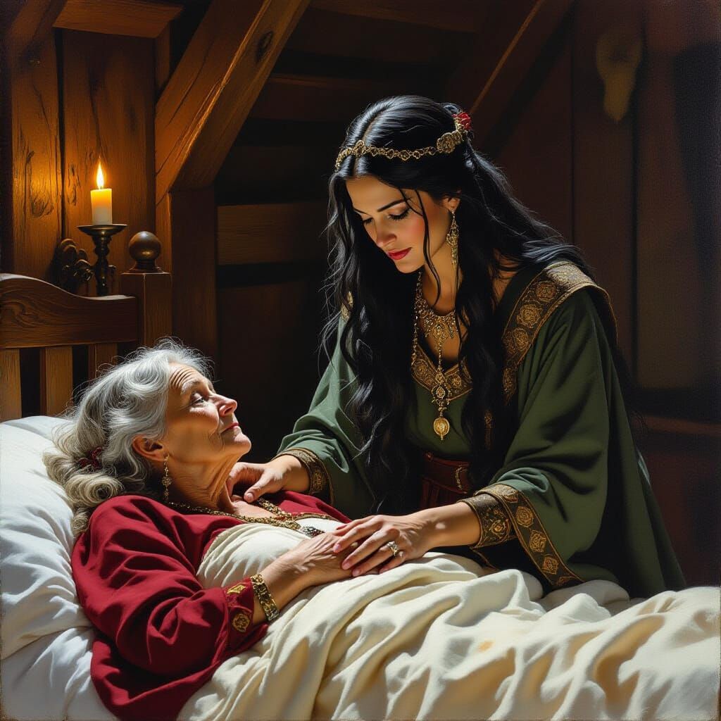 Noble Druid Tends to Sick Woman in Candlelit Mansion