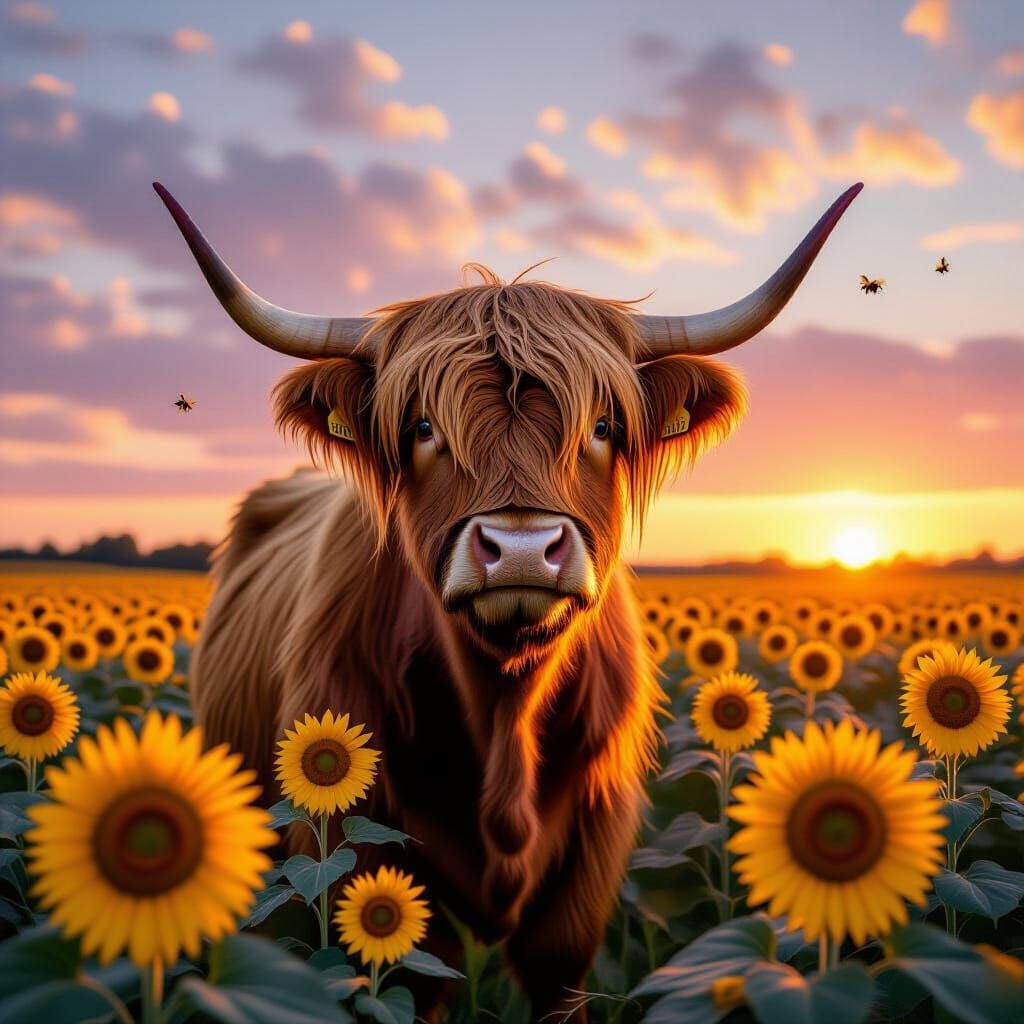 Highland Cow in Sunflower Field, Hyperrealistic Digital Art