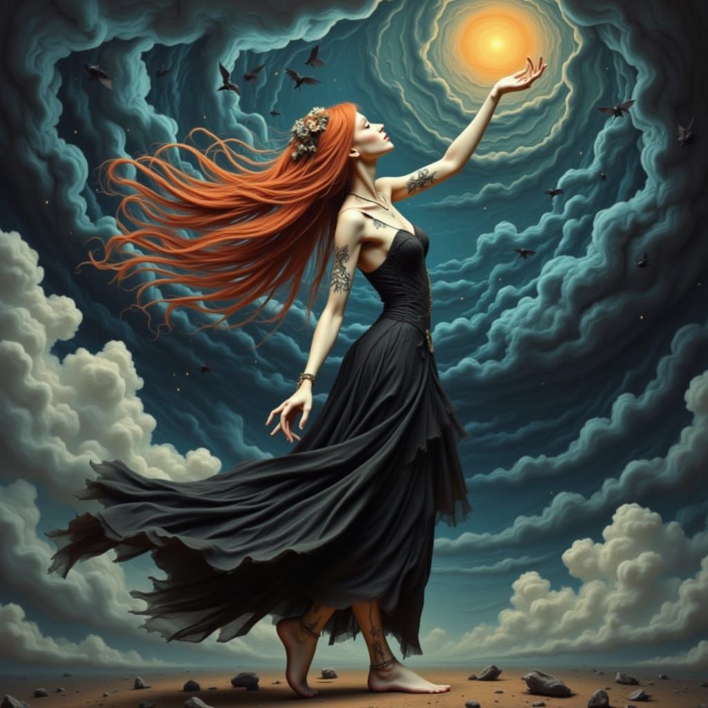 Red-Haired Fae Queen Dancing Under Starry Sky