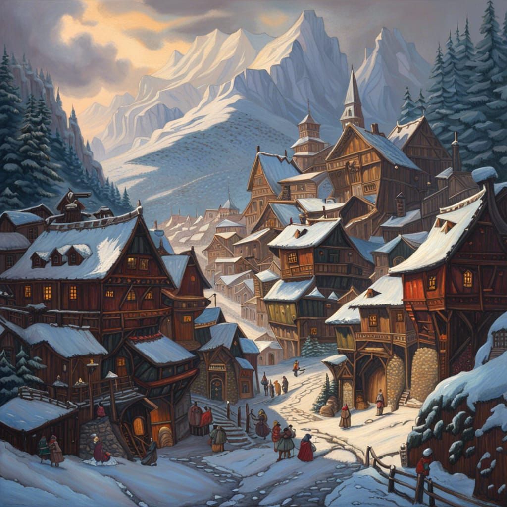 Snowy Mountain Village: A Ghibli-esque Oil Painting