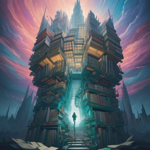 Whimsical Book Tower in Manga Style