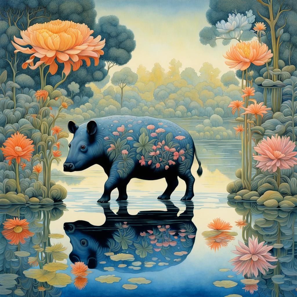 Tapir at Lake with Fantastical Flora