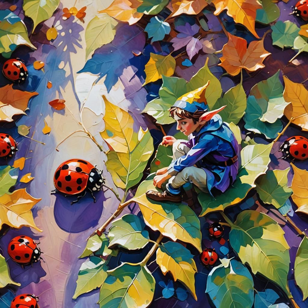 Elf Rides Ladybug in Gouache Impressionist Painting