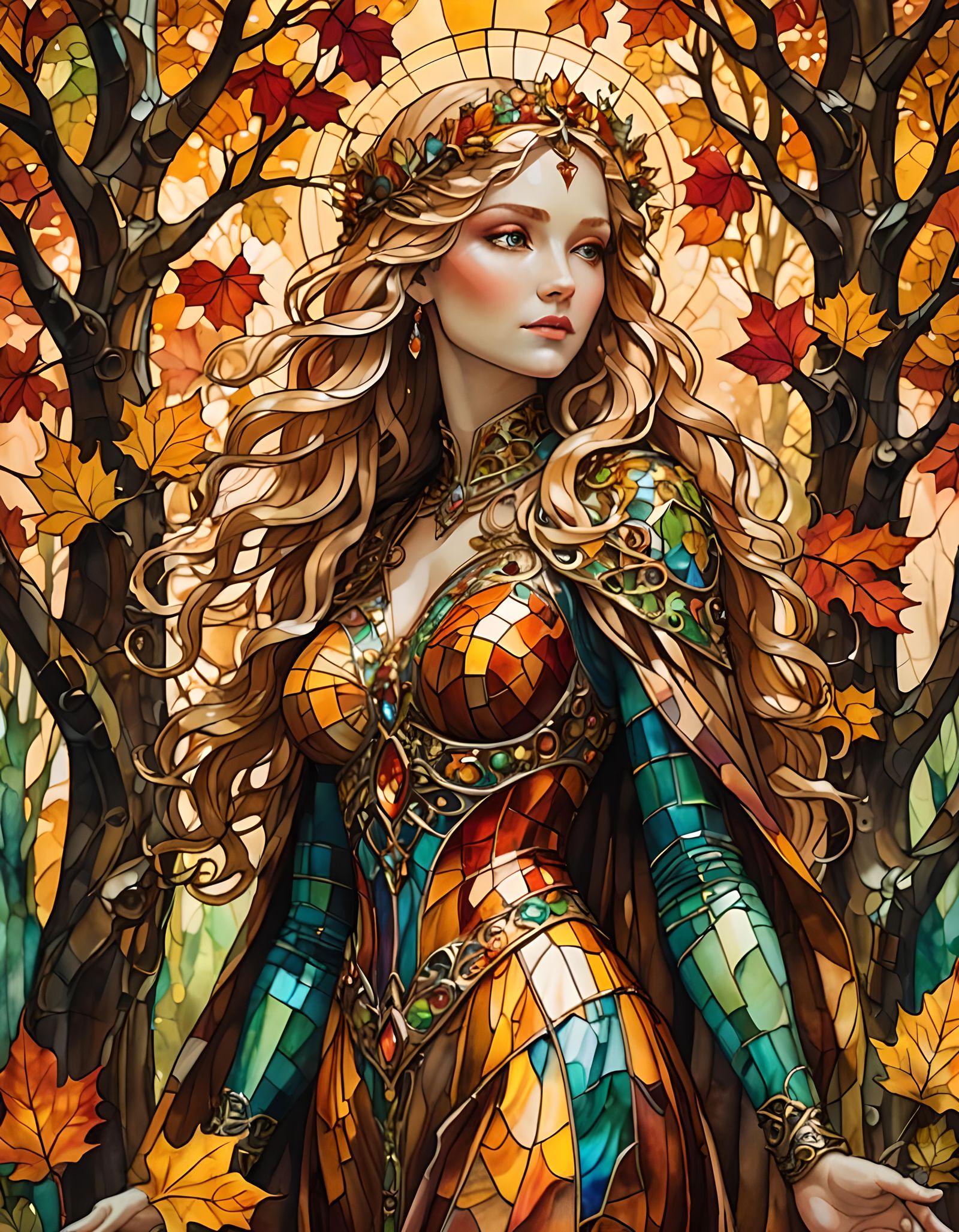 Autumn Goddess in Stained Glass Alcohol Ink Painting