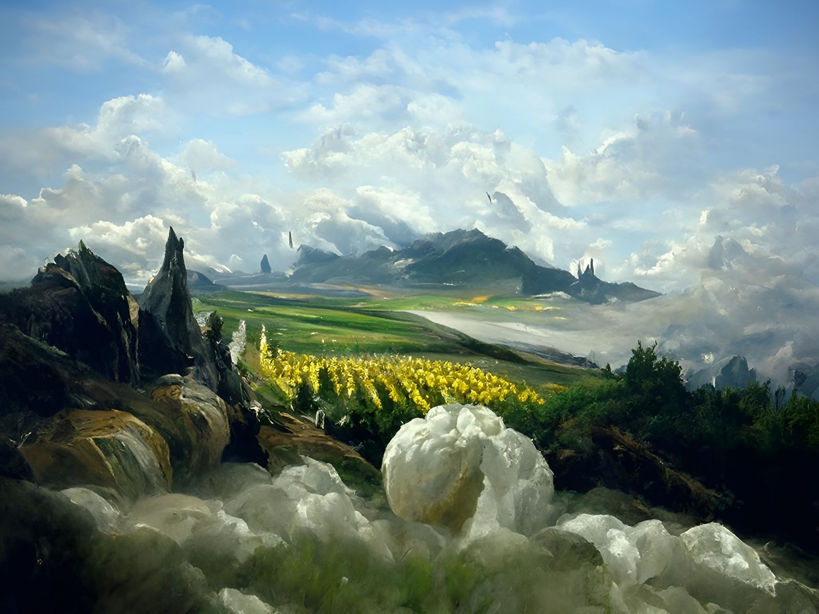 Romantic Mountain Landscape with Flowers and Grapes
