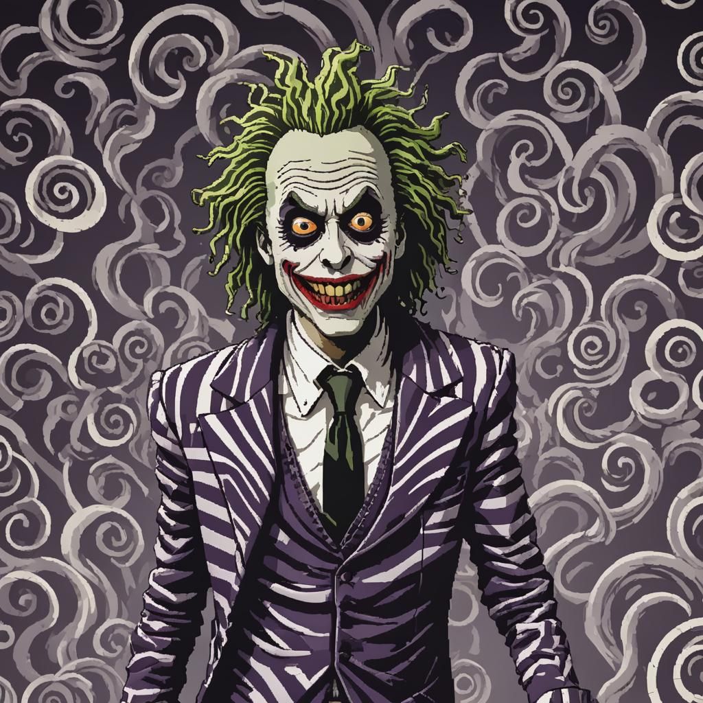 (beetlejuice, style of Jhonen Vasquez with a swirl bg, 8bit ...