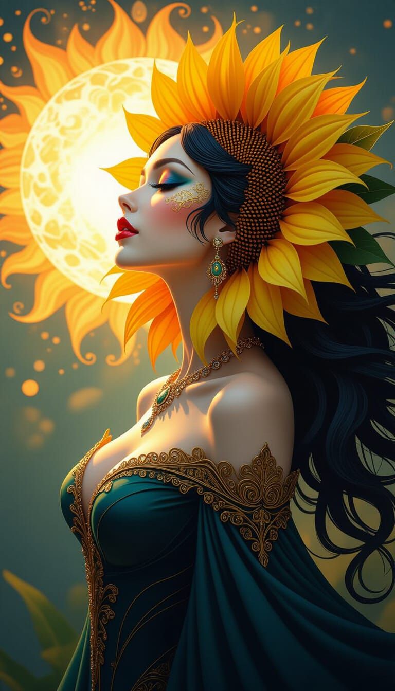 Anthropomorphic Sunflower Beauty in a Fantasy Style