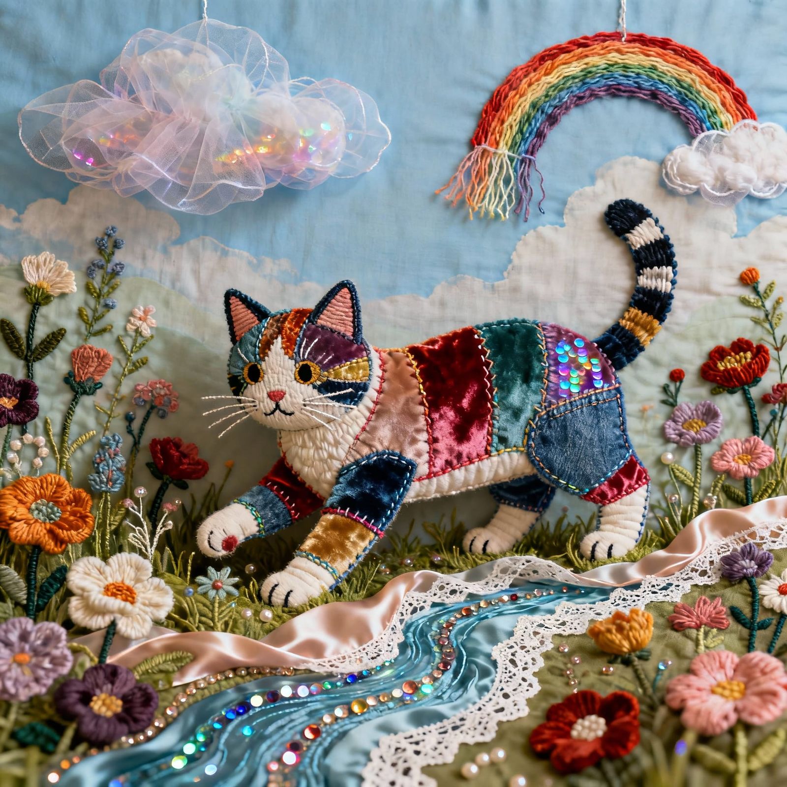 Patchwork Cat in Surreal Textile Garden