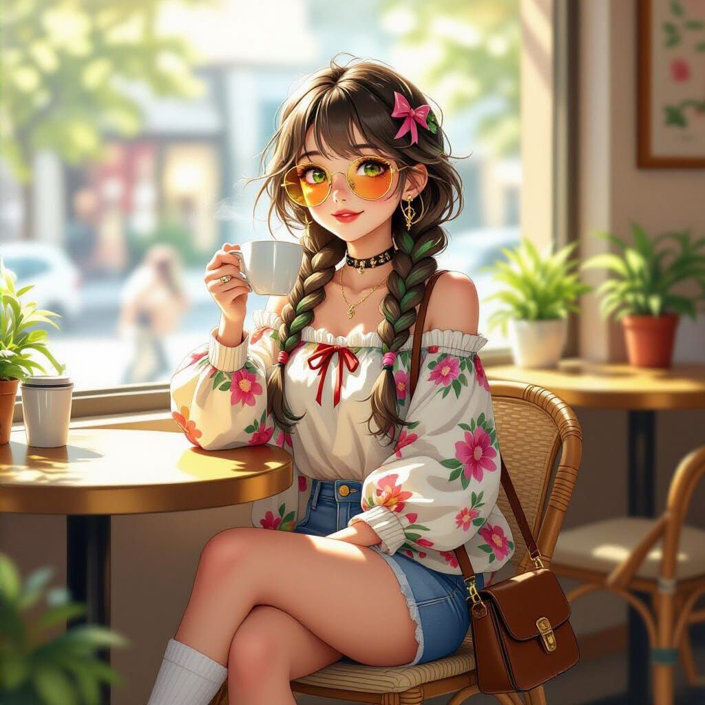 Fantasy Girl in Whimsical Cafe Illustration