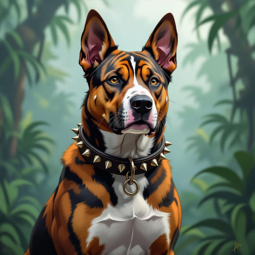Tiger Striped Dog in Jungle, Fantasy Art Style